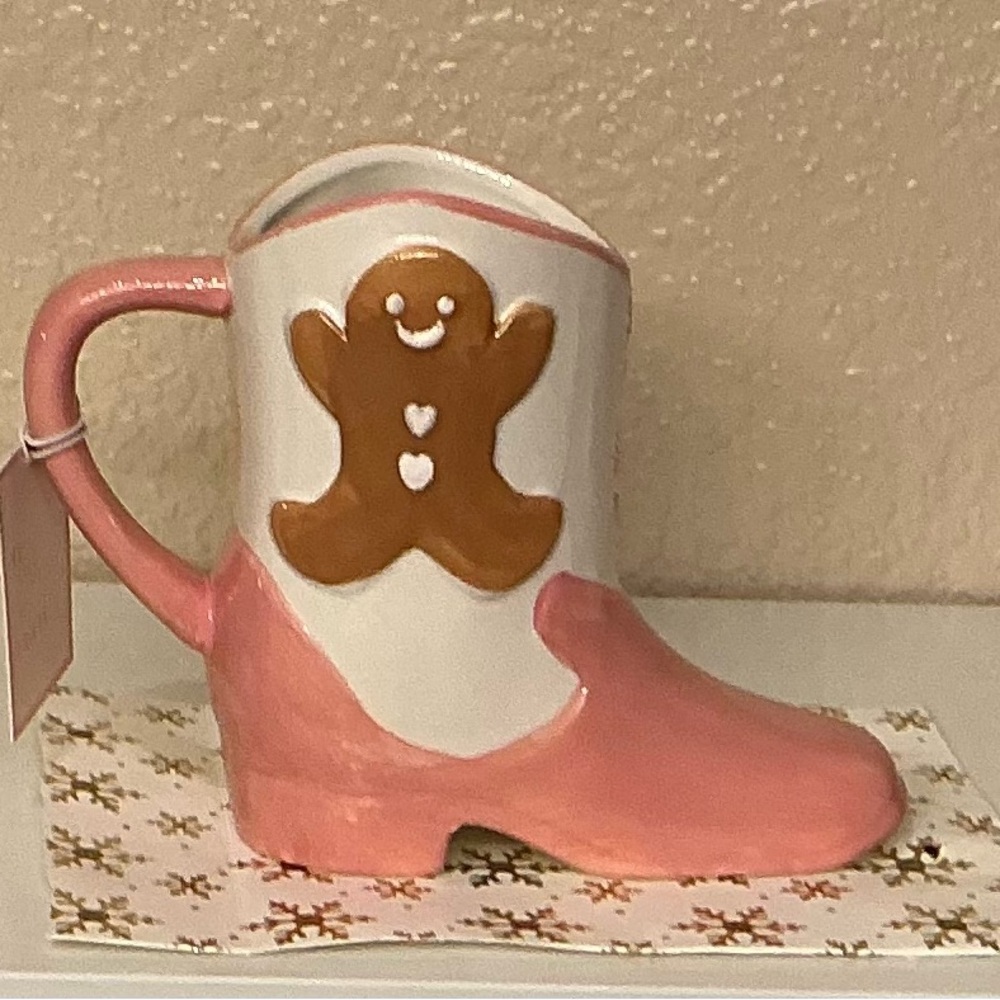 Pink & White Gingerbread Cowgirl Boot Shaped Mug